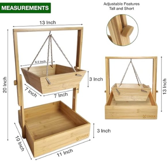 2-Tier Hanging Wooden Fruit Basket & Veggie Stand w/ Adjustable Height - Picture 2 of 10